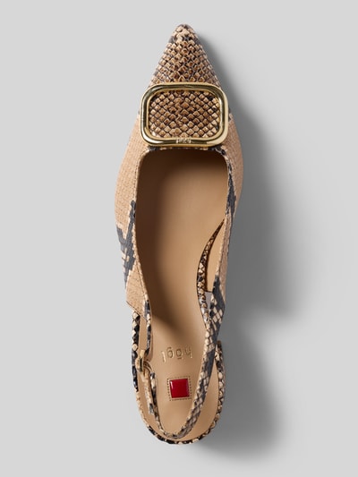 Produktfoto, Pumps aus echtem Leder mit Allover-Animal-Print von Högl, spitze Form, Zierbesatz, offene Ferse, glatte Sohle, Beige-Braun, Absatzhöhe 5 cm, Schaftweite 6 cm, strukturierte Oberfläche