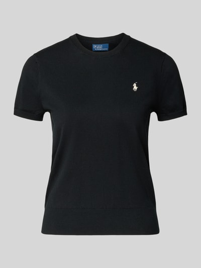 Produktfoto, Regular Fit Kurzarmpullover mit Logo-Stitching von Polo Ralph Lauren aus elastischem Baumwoll-Mix in Schwarz, feine Struktur, sichtbares Markenlogo, Rundhalsausschnitt, elastische Ärmelabschlüsse