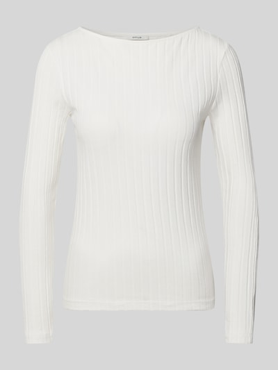 Produktfoto, Slim Fit Langarmshirt aus Baumwoll-Mix Modell 'Sovke' von OPUS in Weiß mit feiner Rippenstruktur vor grauem Hintergrund