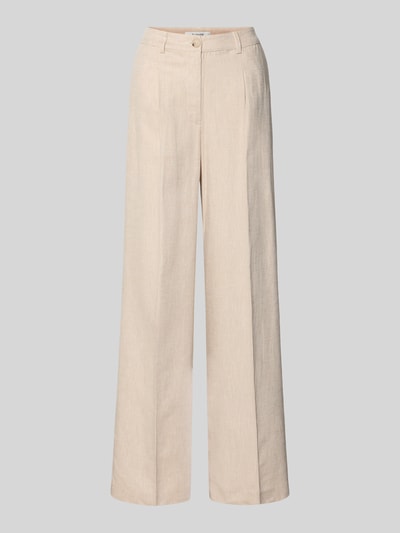 Produktfoto, Wide Fit Stoffhose aus Viskose-Mix Modell 'Dazia' von B.Young, Damen Stoffhose mit Leinen-Viskose-Mix, Bügelfalten, Gesäßtaschen, Knopf- und Reißverschluss, beige Farbe, glatte Textur, Bundweite 37 cm, Innenbeinlänge 77 cm, Größe 36.