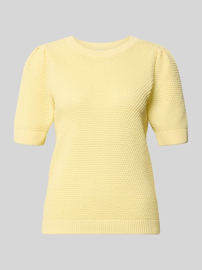 Produktfoto, Slim Fit T-shirt in tricotlook model 'Vidalo' van Vila, puur katoen, ronde hals, lichtgele kleur, fijne textuur