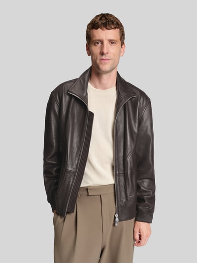 BOSS Regular Fit Lederjacke mit Stehkragen Modell 'MANDER' Dunkelbraun 4