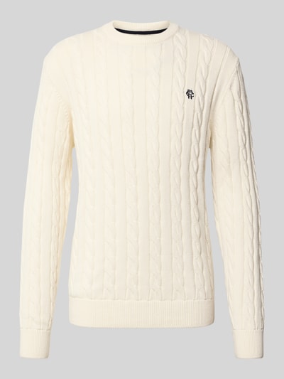 Produktfoto, Slim Fit Strickpullover aus reiner Baumwolle von MCNEAL in Creme mit Rundhalsausschnitt, gerippten Abschlüssen und Label-Stitching