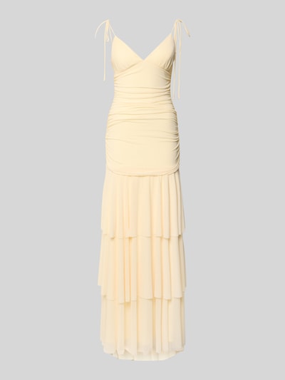 Productfoto, Abendkleid im Stufen-Look met plooien van Jake*s Cocktail, mix van materialen met stretch, getailleerde fit, maxi lengte, V-hals, bandjes met vetersluiting, stapsgewijs ontwerp, kleur lichtgeel, zachte stoftextuur.