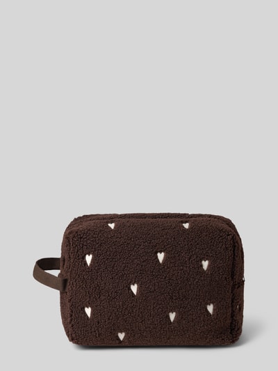 Productfoto, Kosmetiktasje uit teddyfleece van Studio Noos, hoofdvak met rits, hartvormige stikdetails, binnenvak met rits, bruin met witte accenten