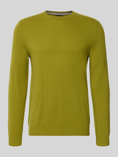 Produktfoto, Kaschmirpullover mit gerippten Abschlüssen von Christian Berg Men in Gelbgrün mit geradem Schnitt und Rundhalsausschnitt, reine Kaschmir-Textur