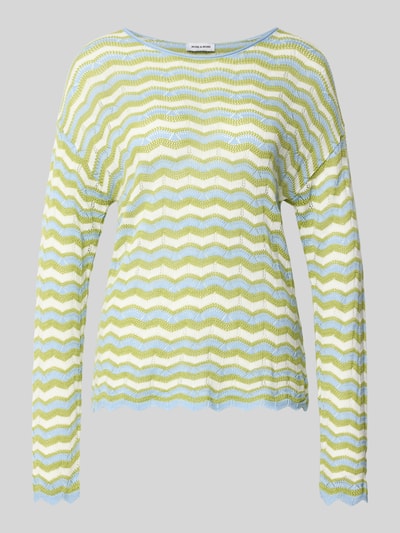 Produktfoto, Strickpullover mit Rundhalsausschnitt von More & More, Baumwoll-Mix, Regular-Fit, Allover-Look in Gelb und Blau, strukturierte Zickzackmuster.