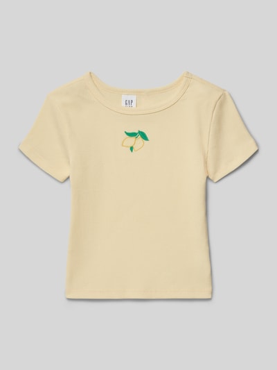 Produktfoto, T-Shirt mit Motiv-Stitching von GAP aus Reiner gewachster Baumwolle in Gelb, Straight Fit, Feinripp, Rundhalsausschnitt, Kindergrößen