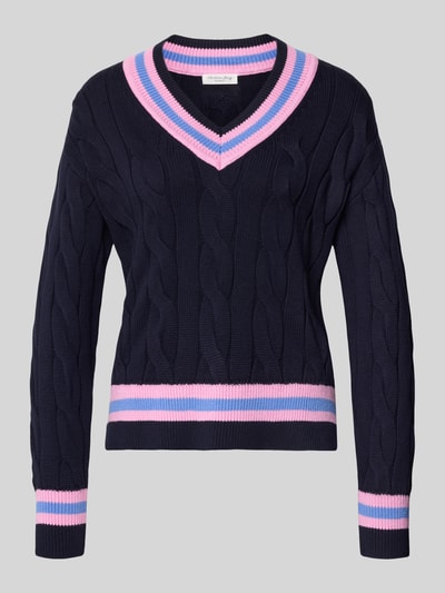 Produktfoto, Gebreide pullover met V-hals van Christian Berg Woman in donkerblauw met roze en lichtblauwe ribboorden, puur katoen, regular fit