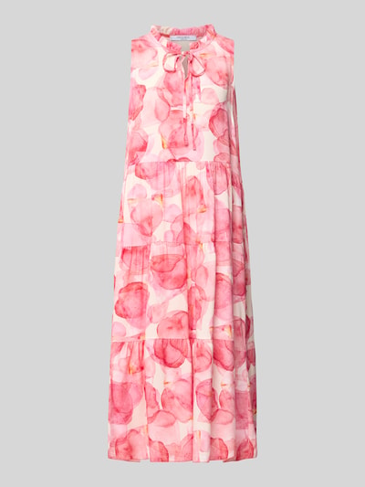 Produktfoto, Midikleid aus Viskose Modell 'Vi44vii' von ZABAIONE im Allover-Look mit Stehkragen und Schnürung, A-Linie, Rosa und Weiß, fließende Textur, Rückenlänge 101 cm, Brustweite 50 cm, Größe S.