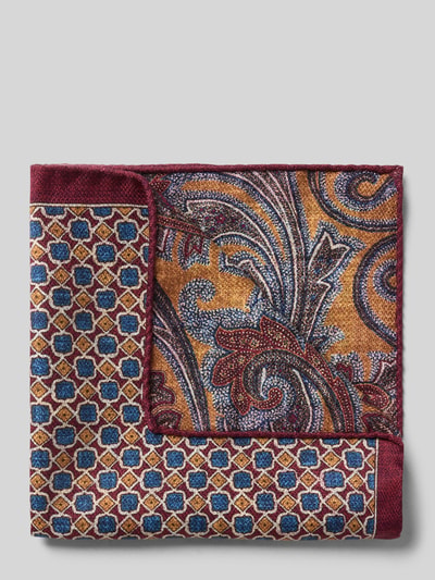 Produktfoto, Einstecktuch aus reiner Seide von Verugia, wzór kwadratowy, kolory bordowy, niebieski, żółty, tekstura jedwabna, 30x30 cm