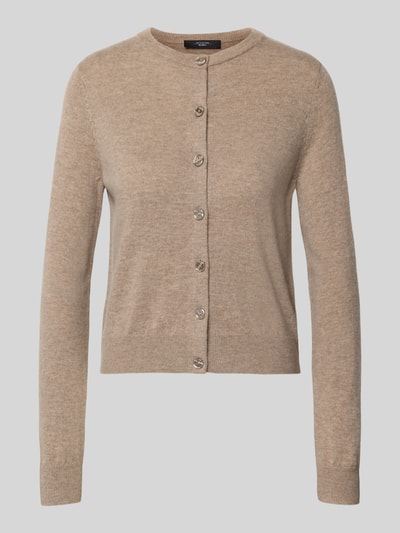 Produktfoto, Slim Fit Gebreid jack uit mix van wol en kasjmier Model 'NEBBIA' van Weekend Max Mara in effen beige met knoopsluiting en geribde boorden.