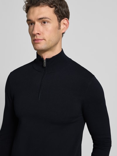 Profuomo Slim Fit Strickpullover mit Seiden-Anteil und Reißverschluss Marine 3