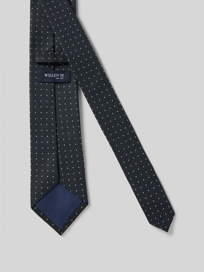 Produktfoto, Krawatte met label-detail van Willen in klassieke pasvorm, pure zijde, donkerblauw met kleine stippen, 8 cm breed.