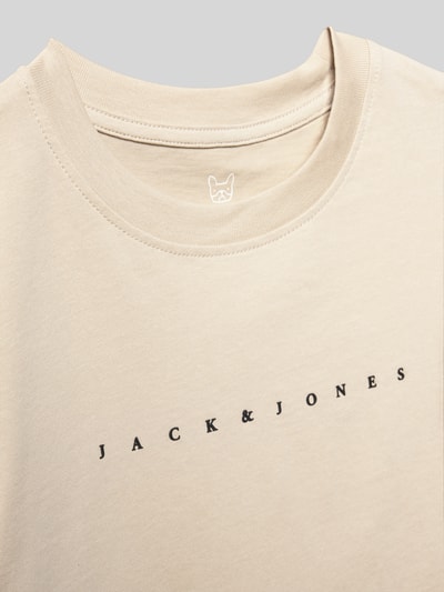 Productfoto, Regular Fit T-shirt met logoprint Model 'Estar' van JACK & JONES, puur katoen, ronde hals, beige, maat 140 ruglengte 50 cm