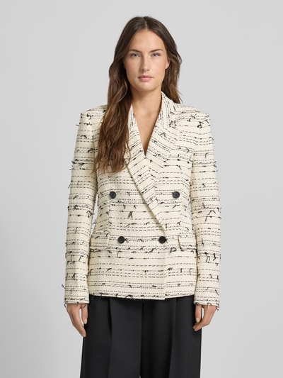 Vrouwenmodel draagt Slim Fit Longblazer uit katoenmix model 'JALETO9' van BOSS, bi-color webstructuur, regular fit, voorkant volledig zicht.