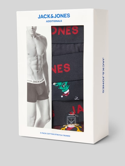 Produktfoto, Trunks mit elastischem Bund im 3er-Pack mit Geschenkbox von Jack & Jones, bawełna z domieszką elastanu, dopasowany krój, model 'RUDOLPH', czarny z kolorowymi nadrukami, prezentowe opakowanie