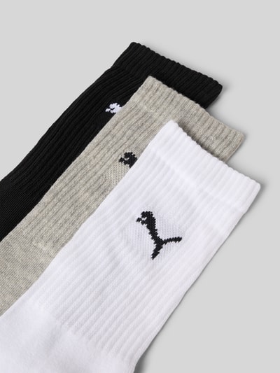 Produktfoto, Tennissokken met logo in set van 3 van PUMA, dames, katoenmix met stretch, nauwsluitend, zwart, grijs, wit, logodetail.