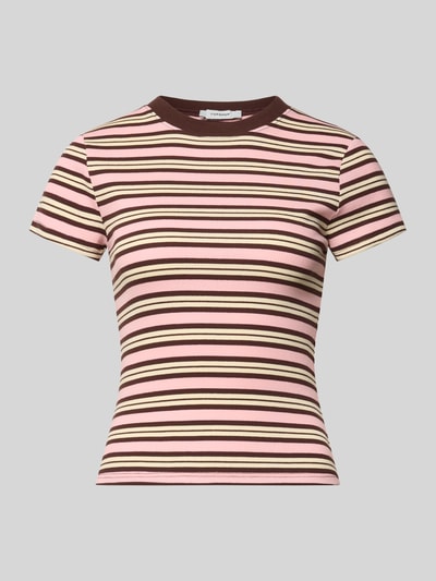 Produktfoto, Slim Fit T-Shirt mit Rundhalsausschnitt Modell 'Sally' von Topshop, Damen T-Shirt aus elastischem Baumwoll-Mix mit Strukturmuster, Rückenlänge bei Größe S: 52 cm, Streifen in Braun, Rosa und Weiß
