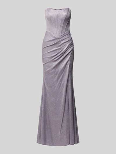 Produktfoto, Maxikleid mit Schnürung im Off-Shoulder-Look von Unique in glänzendem Fliederton, tailliert, drapiert, feine Textur.