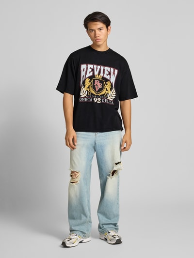 REVIEW T-shirt met labelprint en ronde hals Zwart - 1
