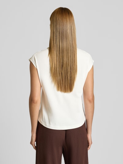 Frauenmodel trägt T-Shirt mit Rundhalsausschnitt und Stitchings von Stefanel aus reiner Baumwolle, Regular Fit, weiße Farbe, ganzkörperansicht rückansicht.