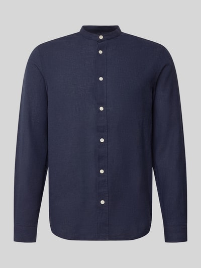 Produktfoto, Slim Fit Freizeithemd aus Baumwoll-Leinen-Mix Modell 'CAIDEN' von Only & Sons in Dunkelblau, Optik: Unifarben, Knopfleiste durchgehend, Mao-Kragen, Rückenpasse, Langarm, 1-Knopf-Manschette, Stoff fein strukturiert