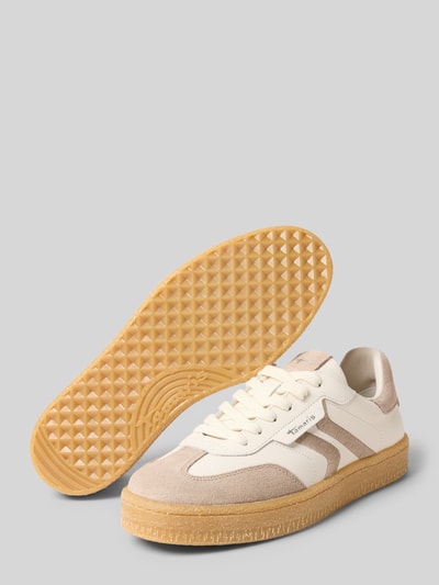 Produktfoto, Low Top Sneaker aus Rindsleder-Textile-Mix von Tamaris in Beige und Weiß, strukturierte Gummisohle, runde Schuhspitze, Effektgarn.