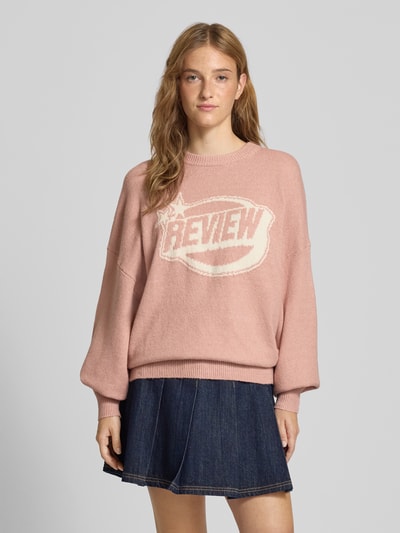 Review Sweter z dzianiny z nadrukiem z logo Brudnoróżowy melanż 4