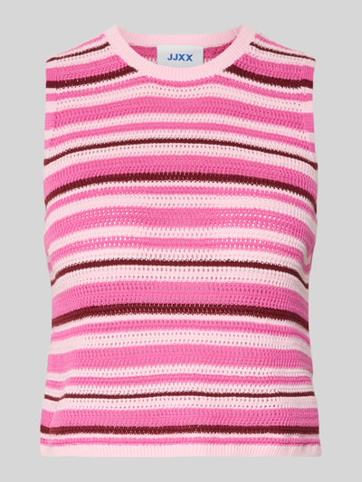 Produktfoto, Stricktop mit Rundhalsausschnitt Modell 'ZUSANNAH' von JJXX aus Reine Baumwolle, pink-rote Streifen, Straight Fit, Rückenlänge 46 cm bei Größe S.