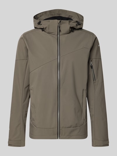 Produktfoto, Regular Fit heren jack met capuchon, model 'BARMSTEDT' van Icepeak, opstaande kraag, mouwzak met ritssluiting, steekzakken, ritssluiting, logoprint, ruglengte maat 50: 78 cm, schouderbreedte: 43 cm, borstwijdte: 54 cm, mouwlengte: 71 cm, effen olijfgroen, gladde textuur