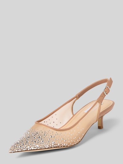 Produktfoto, Pumps in semitransparentem Design Modell 'Katty' von Steve Madden mit Strasssteinbesatz, glatter Sohle, spitze Form, Absatzhöhe 5 cm, Schaftweite 5 cm, Damen, beige mit funkelnden Details auf Mesh, Semitransparente-Optik