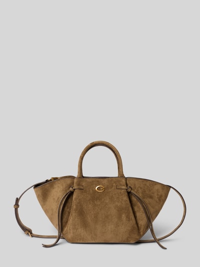 Productfoto, Tote Bag in Velourslook Model 'ALLEGRA' van GUESS, logodetail, gesplitst hoofdvak met magneetsluiting, smalle schouderbanden, breedte 52 cm, lengte 22 cm, diepte 14 cm, schouderbandlengte 115 cm, bruin, zachte structuur, mat oppervlak