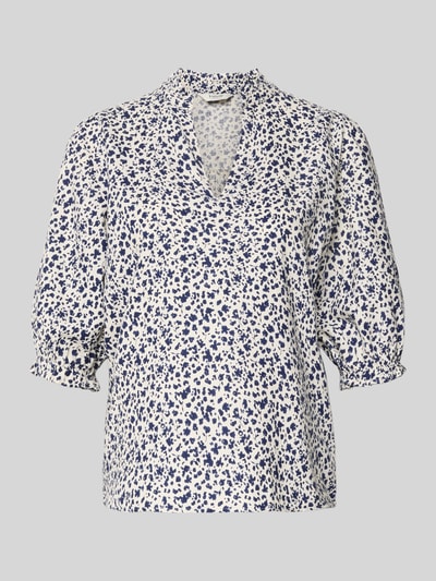 Produktfoto, Bluse aus Leinen-Mix mit Puffärmeln Modell 'FALAKKA' von B.Young, Damen blouse, linnenmix met viscose, straight fit, serafinokraag, 3/4-mouw, pofmouwen, ruglengte maat 36: 59 cm, mouwlengte maat 36: 34 cm, blauwe stippen op wit, vloeiende textuur