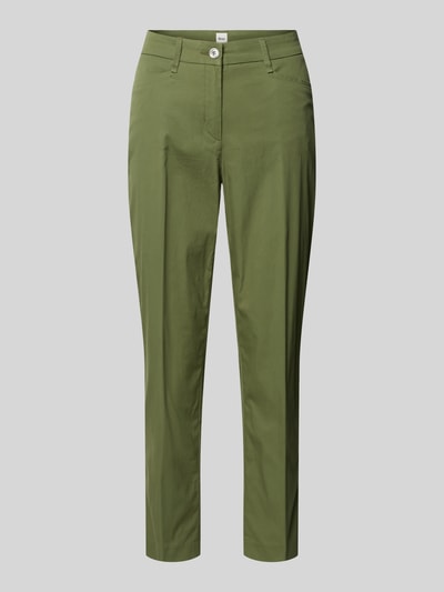 Produktfoto, Regular Fit Hose aus Baumwoll-Mix Modell 'MARA S' von Brax in Olive, Optik: Unifarben, mit Gürtelschlaufen, Schiebehaken-Verschluss, seitliche Eingrifftaschen, Gesäßtaschen, glatte Textur, Label-Applikation, Passform: Regular-Fit, Material: Baumwoll-Mix