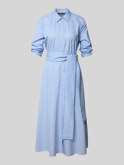 Produktfoto, Hemdblusenkleid aus Baumwoll-Viskose-Mix mit Bindegürtel von Milano Italy, A-Linie, niebiesko-białe paski, kołnierzyk koszulowy, długość do połowy łydki, Szerokość w rozmiarze 36: 44 cm, długość tyłu w rozmiarze 36: 123 cm, długość rękawa: 28 cm, tekstura gładka