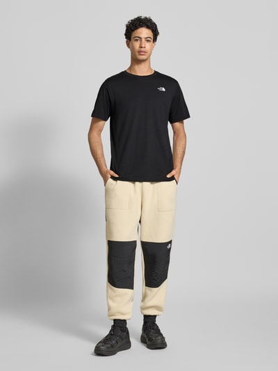 Männermodel trägt Regular Fit T-Shirt aus Baumwoll-Mix Modell 'EVOLUTION' von The North Face, schwarz, Label-Detail, Ganzkörperansicht von vorne.