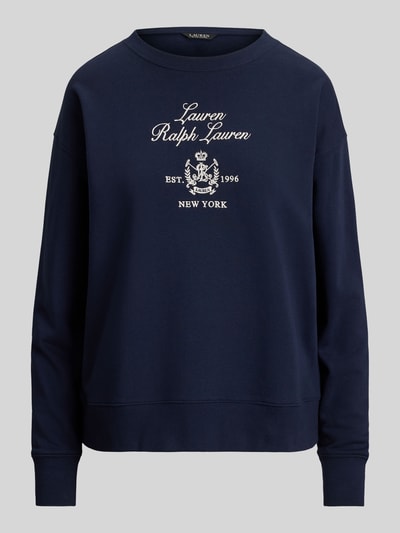 Produktfoto, Regular Fit Sweatshirt aus Baumwoll-Mix von Lauren Ralph Lauren, dunkelblau, unifarben, Rundhals, gerippte Abschlüsse, Label Print