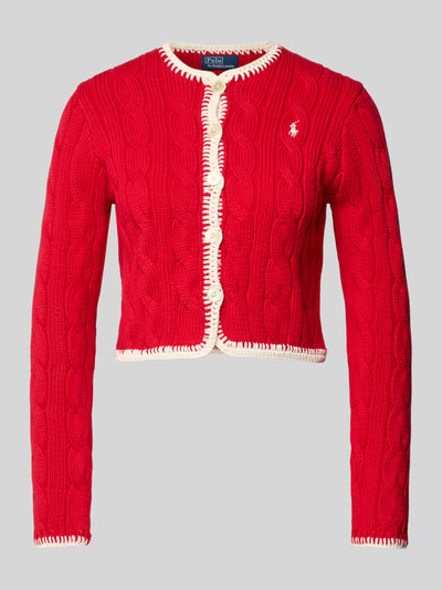 Produktfoto, Regular Fit Sweatjacke aus Baumwoll-Mix von Polo Ralph Lauren in Rot, Strickstruktur, Optik: Unifarben, Logo-Stitching, Knopfleiste.