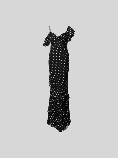 Produktfoto, Maxikleid aus reiner Viskose von Self-Portrait mit asymmetrischem Look, Rückenausschnitt, ärmelloses Design, schwarze Grundfarbe mit weißen Punkten, körpernahe Passform, Struktur durch Volants, Gesamtlänge 147 cm, Brustweite 40 cm bei Größe S.