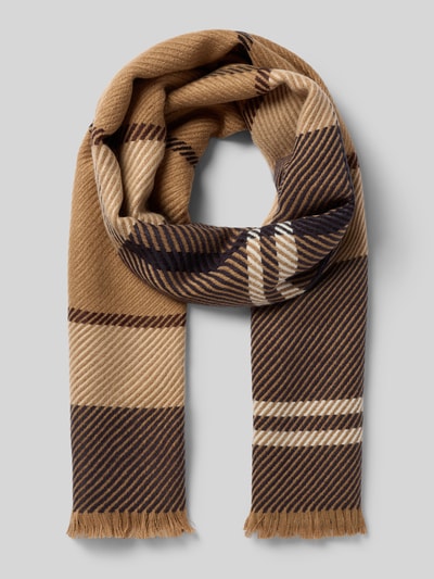 Produktfoto, Schal mit Logo-Patch Modell 'BLAIR TARTAN' von Barbour für Damen, braun-beige kariert mit Fransen, weiche gewebte Textur.