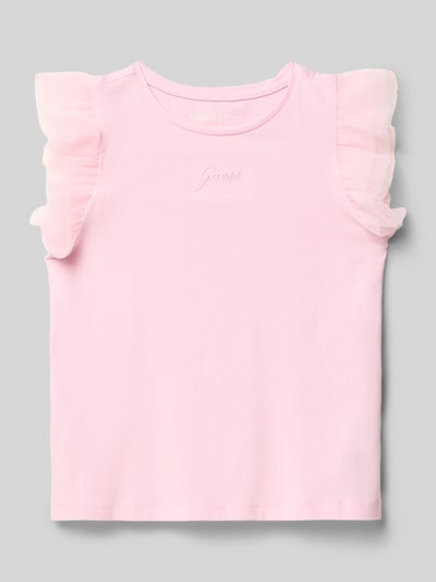 Produktfoto, T-Shirt mit Logo-Stitching und Rundhalsausschnitt von Guess in Rosa mit Tüll am Ärmel, gerader Schnitt, glatte Oberfläche