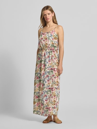 Frauenmodel trägt Maxikleid aus Crêpe Modell 'WINNER LIFE' von Only, florales Allover-Muster, tailliert, verstellbare Spaghettiträger, Rundhals-Ausschnitt, elastisches Taillenband, Materialverarbeitung: Crêpe, Maxi-Länge, optik: Allover-Muster, Ganzkörperansicht von vorne.