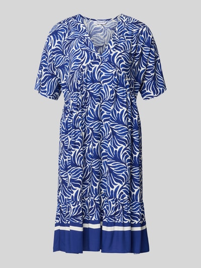 Productfoto, knielang dames jurk van zuiver viscose in a-lijn met all-over look en v-hals, model 'Me44la' van ZABAIONE, blauw-wit