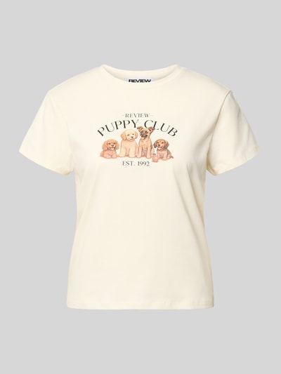 Produktfoto, T-shirt met motiefprint en ronde hals van REVIEW, dames t-shirt, mix van katoen en elastaan, regular fit, ruglengte maat S 51 cm, crèmekleur, zwarte en bruine print, zachte textuur