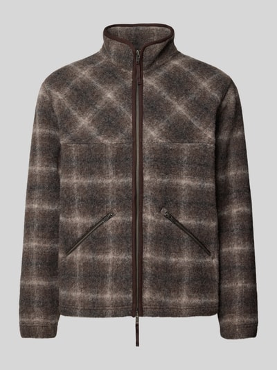 Produktfoto, Jacke mit Stehkragen und Zweiwege-Reißverschluss Modell 'Eik' von Wood Wood aus Woll-Mix im karierten Allover-Look in Braun- und Beigetönen, sichtbare Reißverschlusstaschen und strukturierte Oberfläche