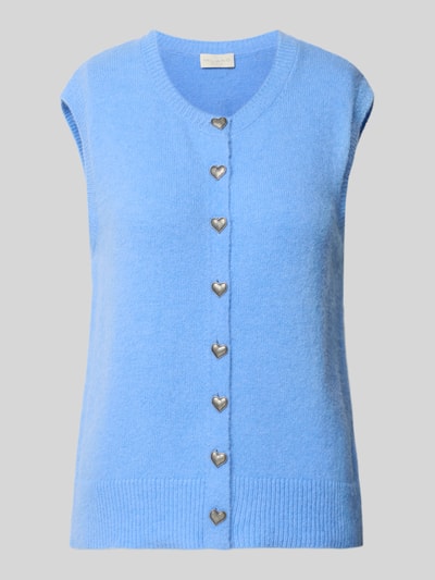Productfoto, mouwloos vest met alpaca-aandeel van Milano Italy in lichtblauw, elastische materiaalmix, ribboorden, doorlopende knoopsluiting in hartvorm, nauwsluitende pasvorm, ronde hals, ruglengte maat S 57 cm