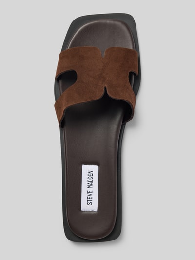 Produktfoto, Pantoletten aus echtem Rindsleder von Steve Madden, Optik: Unifarben, Schuhspitze: Quadratisch, Absatzform: flacher Blockabsatz, Label-Print, Sohle: Leicht strukturiert, Material: Rindsleder.
