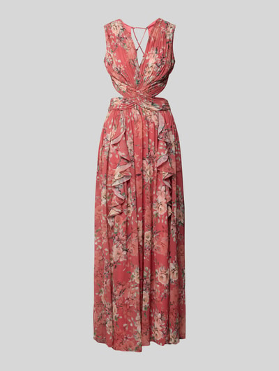 Produktfoto, Regular Fit Maxikleid mit floralem Allover-Print von ADLYSH, kwiatowy nadruk na całej powierzchni, krój regular fit, plisy, dekolt w serek, krój bez rękawów, obszycie falbanami, wycięcia, wiązanie, długość tyłu w rozmiarze S: 52 cm, szerokość w rozmiarze S: 32 cm