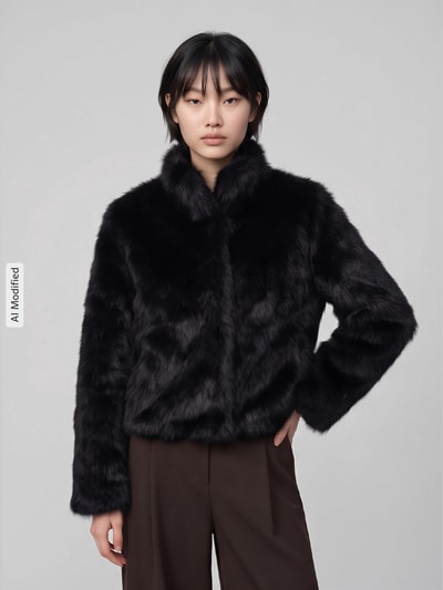 VERO MODA Modern Fit Webpelzjacke mit hohem Stehkragen Black 4